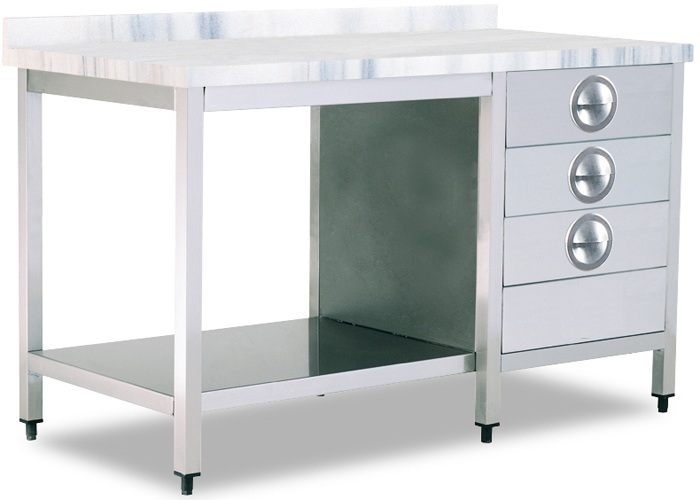 MERMER TABLALI TEZGAH, TABAN RAFLI, 3 ÇEKMECELİ(SOL), SIRTLI