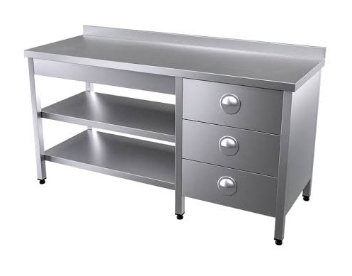 MERMER TABLALI TEZGAH, TABAN VE ARA RAFLI, 3 ÇEKMECELİ(SOL), SIRTLI