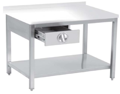 POLYETHYLEN TOP TABLE, WITH BOTTOM SHELF, 1 DRAWER (RIGHT) AND UPSTAND