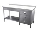 POLYETHYLEN TOP TABLE, WITH BOTTOM SHELF, 3 DRAWER (LEFT) AND UPSTAND